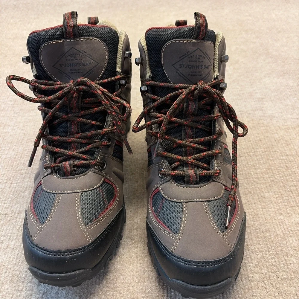 St. John’s Bay Outdoor Hiking Boots — Brown/Black/Red — Size 8.5